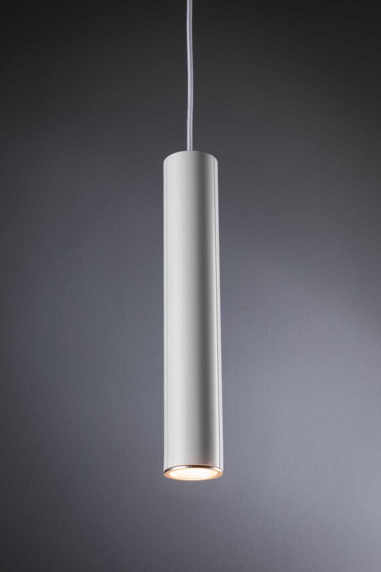 Schlanke weiße Aluminium-Pendelleuchte mit warmweißem Licht für moderne Innenräume