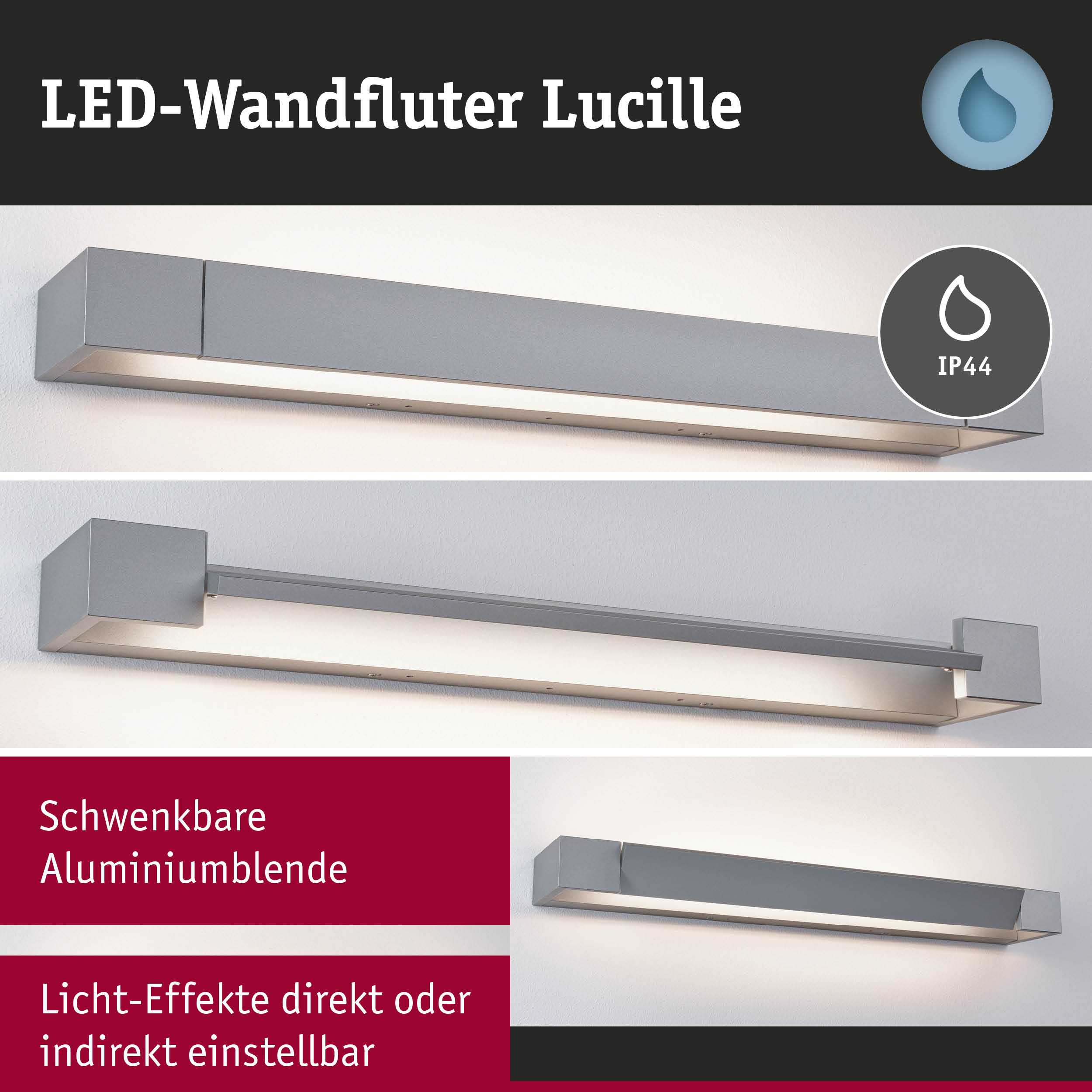 LED-Wandfluter Lucille aus grauem Aluminium mit IP44 Schutz für flexible Lichtgestaltung