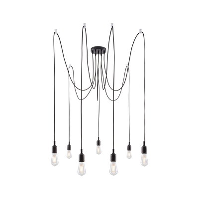 Modern black pendant light with eight bulbs and long cables for stylish room lighting