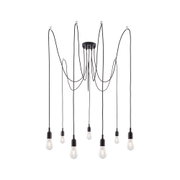Black pendant light with seven bulbs and long cables for modern interior lighting
