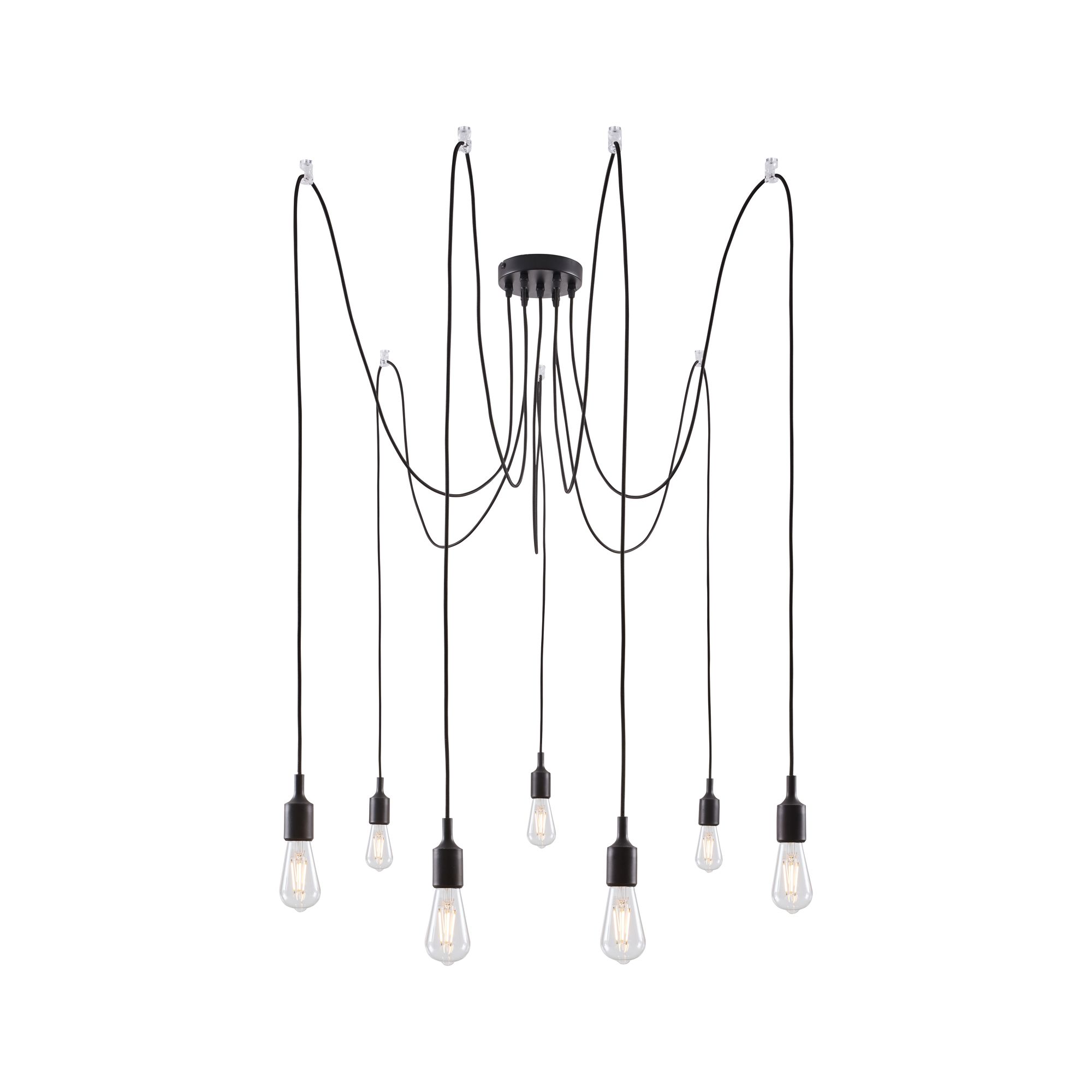 Black pendant light with seven bulbs and long cables for modern interior lighting
