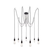 Black pendant light with seven bulbs and long cables for modern interior lighting