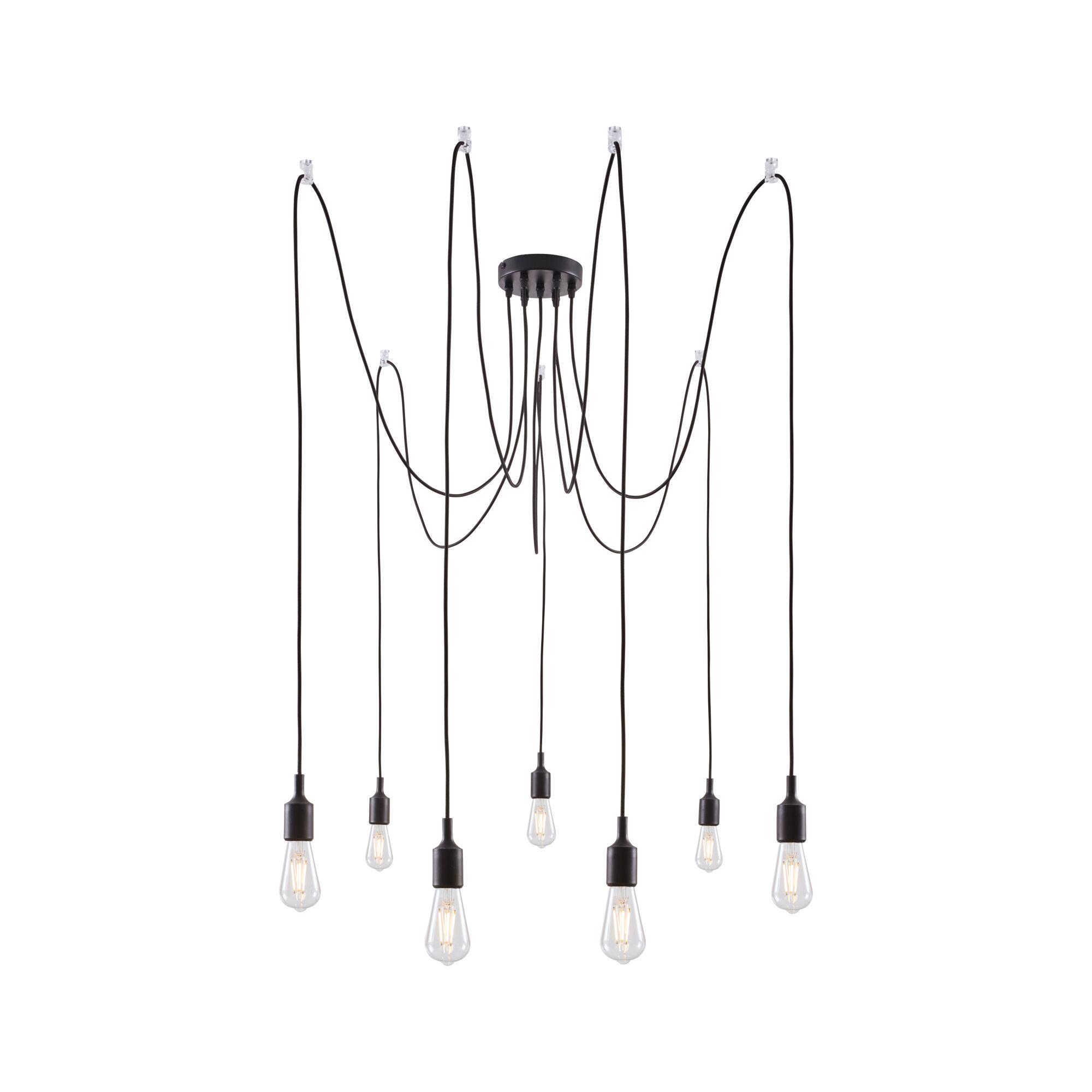 Black pendant light with seven bulbs and long cables for modern interior lighting