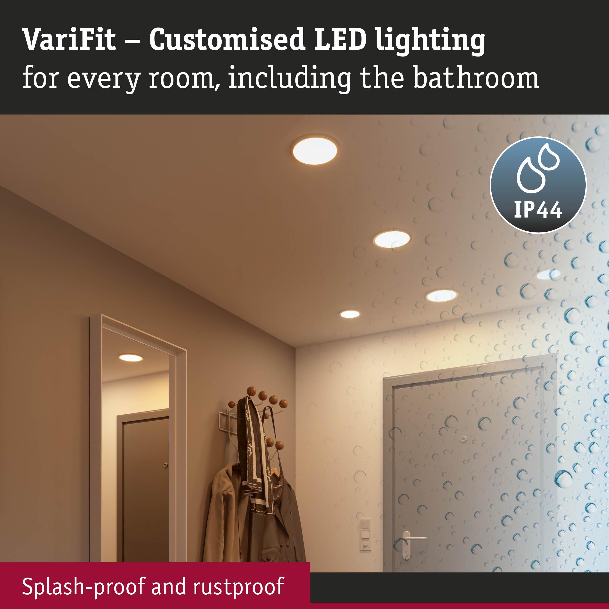 VariFit IP44 LED recessed lights, splash-proof and rustproof, ideal for bathroom and room lighting