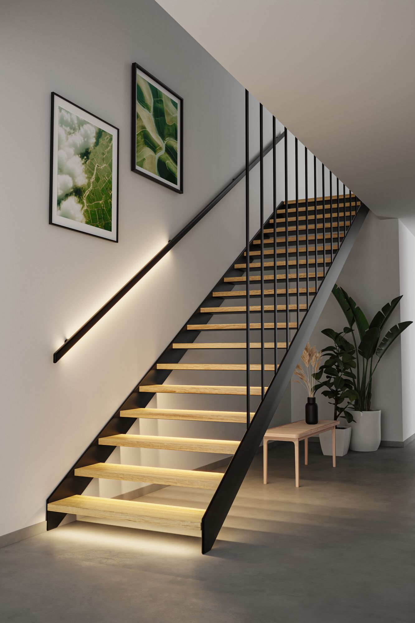 Modern staircase with wooden steps and black metal railing, LED strip lighting enhances contemporary home interior