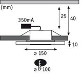 Technische Zeichnung eines LED-Einbaustrahler mit 150 mm Durchmesser und 350 mA Stromstärke.