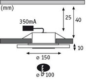 Technische tekening van LED-inbouwspot met 150 mm diameter en 350 mA stroomsterkte.