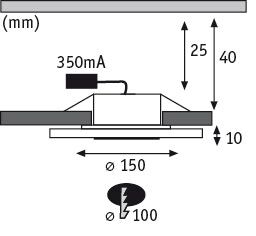 Technische tekening van LED-inbouwspot met 150 mm diameter en 350 mA stroomsterkte.