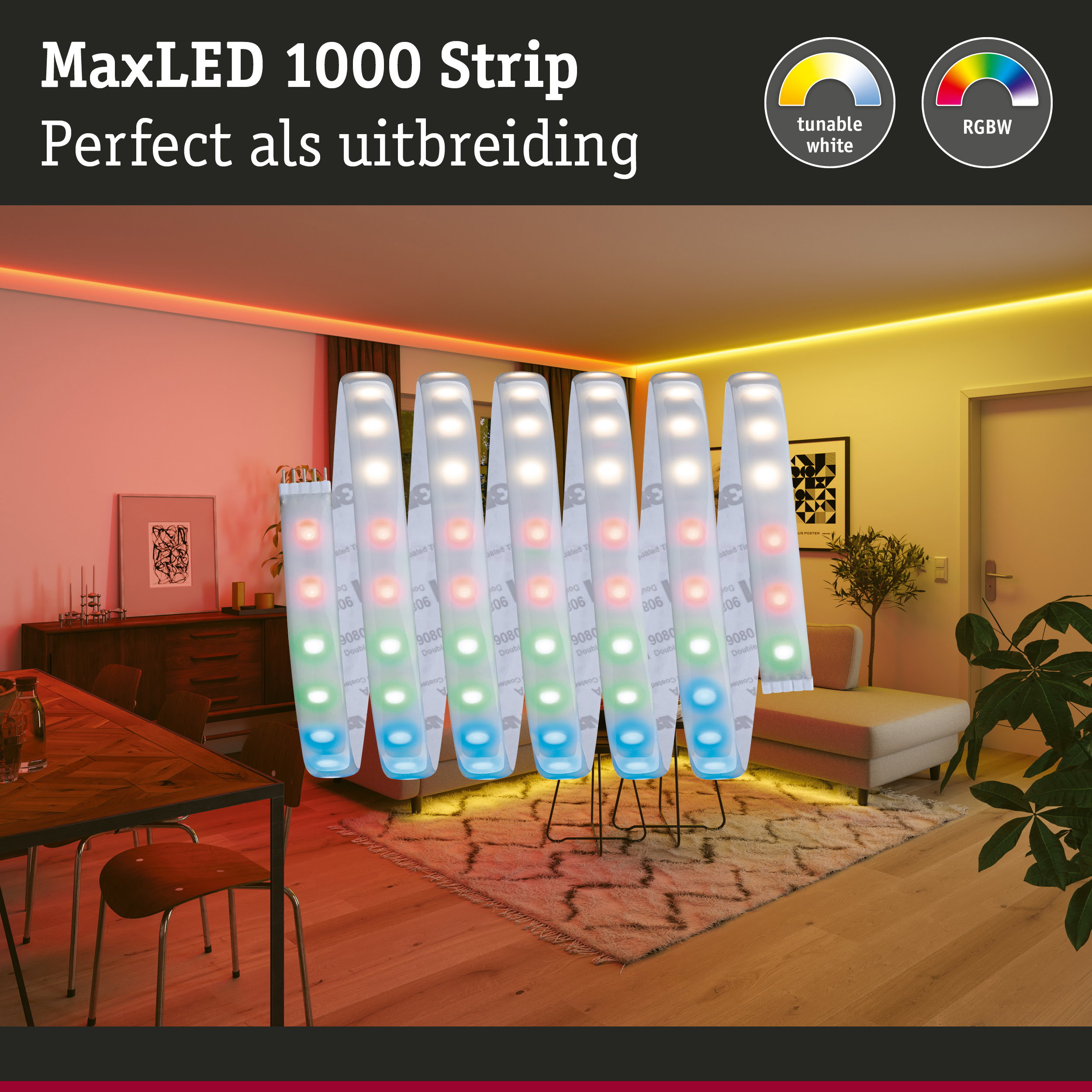 MaxLED 1000 Strip RGBW LED-lichtstrip met instelbaar wit voor veelzijdige woonverlichting