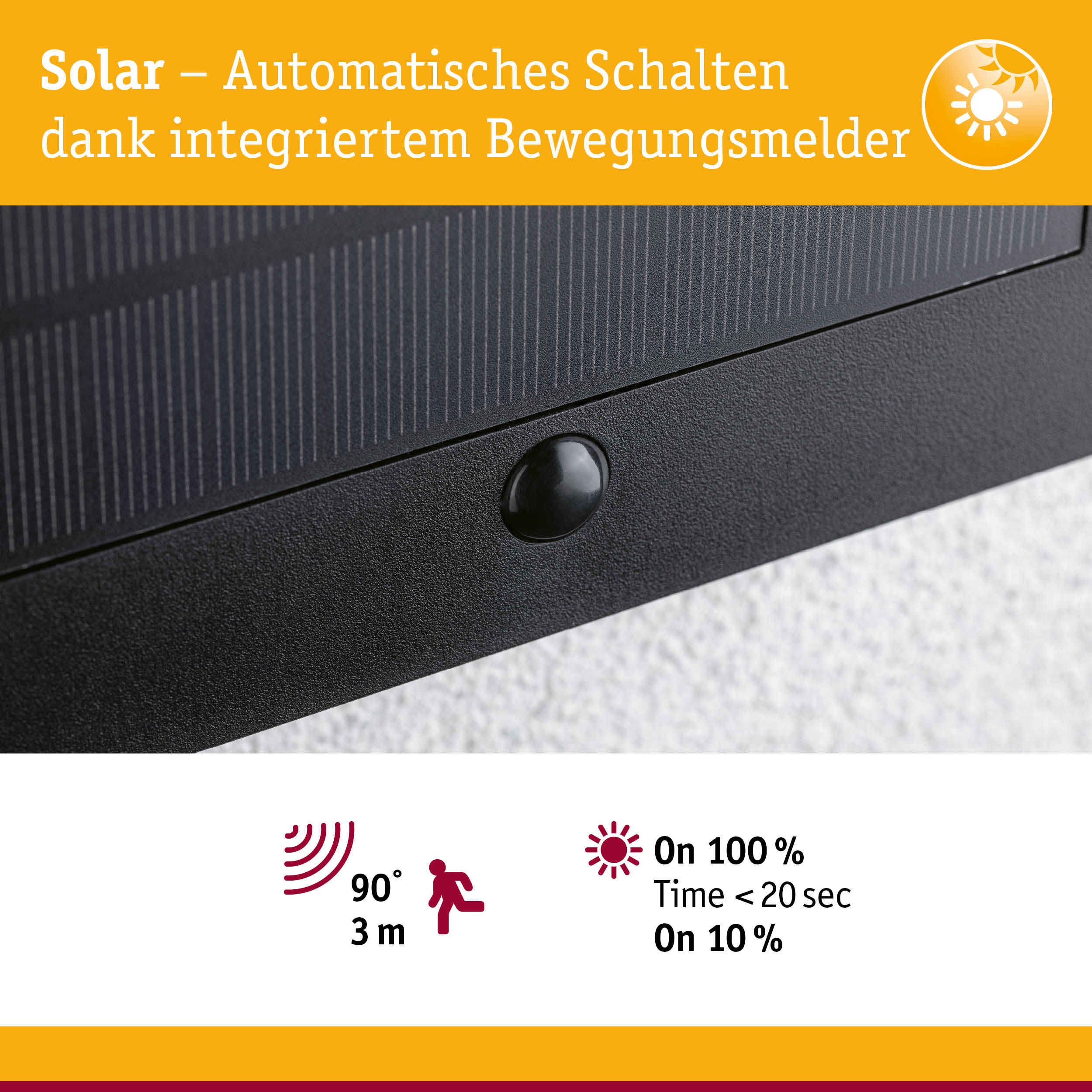 Nahaufnahme eines schwarzen Solarpanels mit integriertem Bewegungsmelder für automatisches Schalten