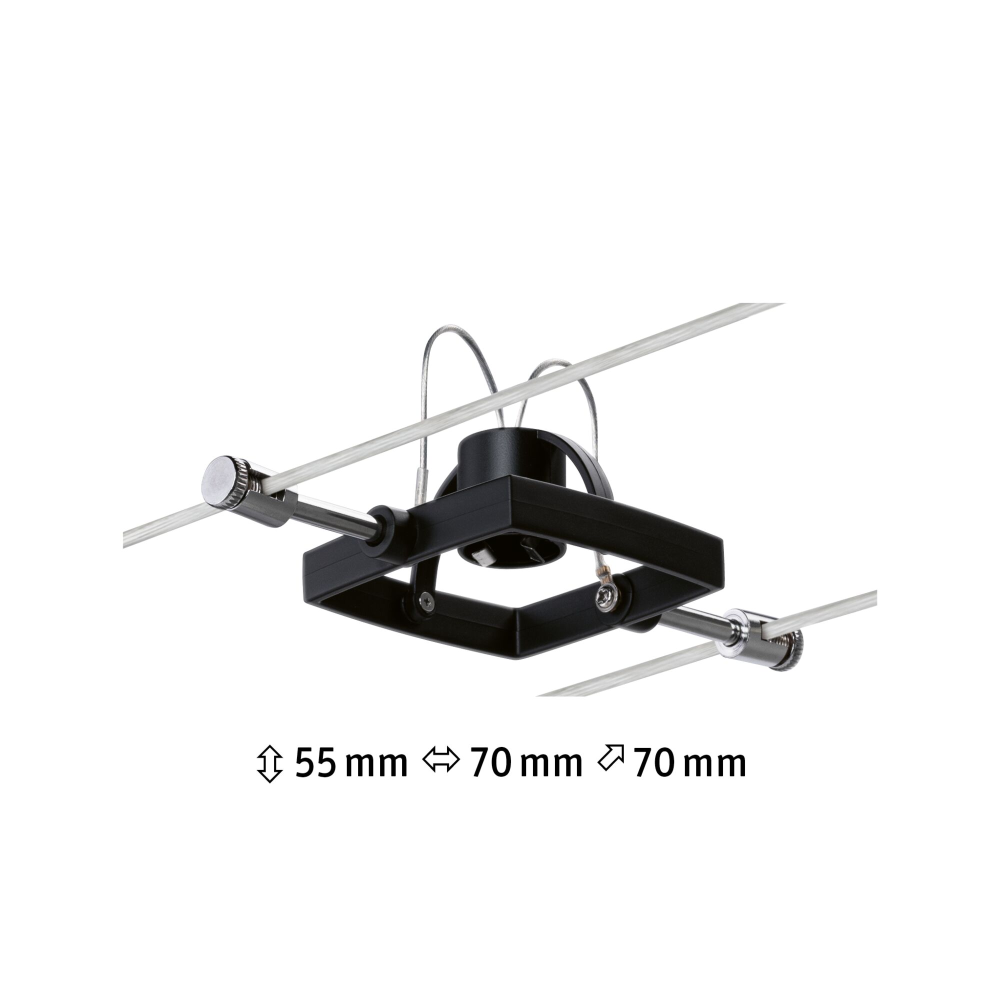 Luminaire LED carré noir avec support métallique et câble transparent pour éclairage moderne