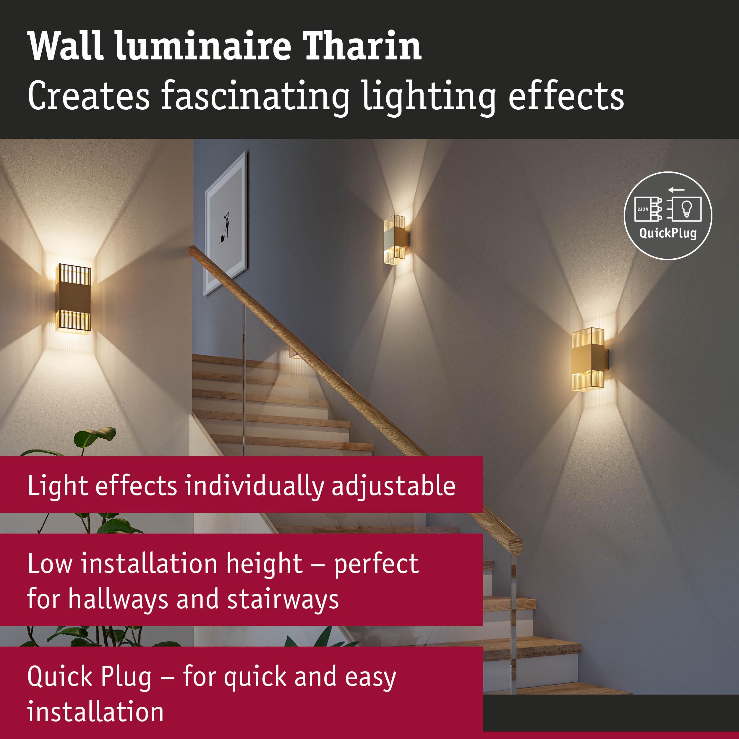 Tharin wall luminaire in gold metal with adjustable lighting effects ideal for hallways and stairways