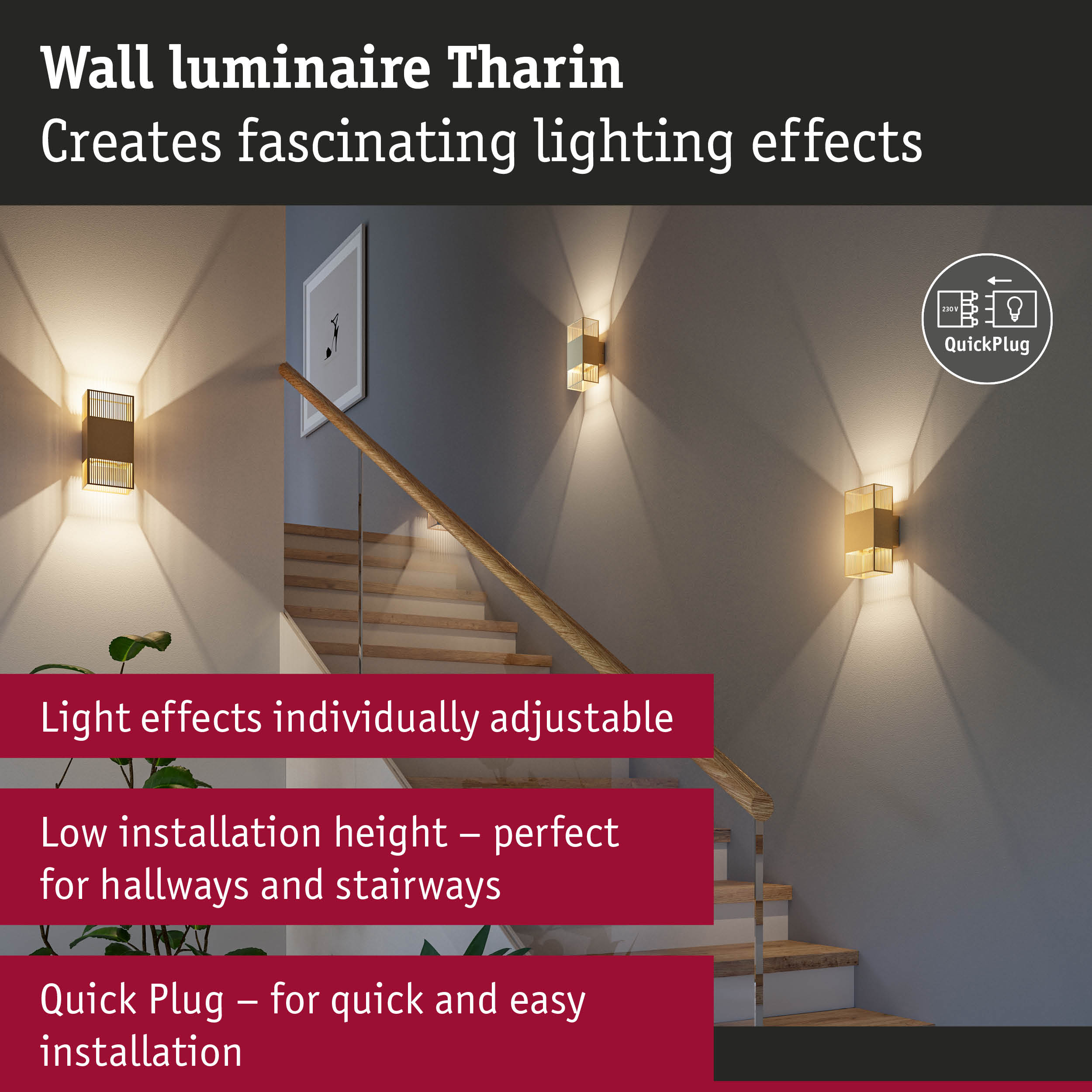 Gold Tharin wall light with adjustable lighting effects, perfect for hallway and stairway illumination