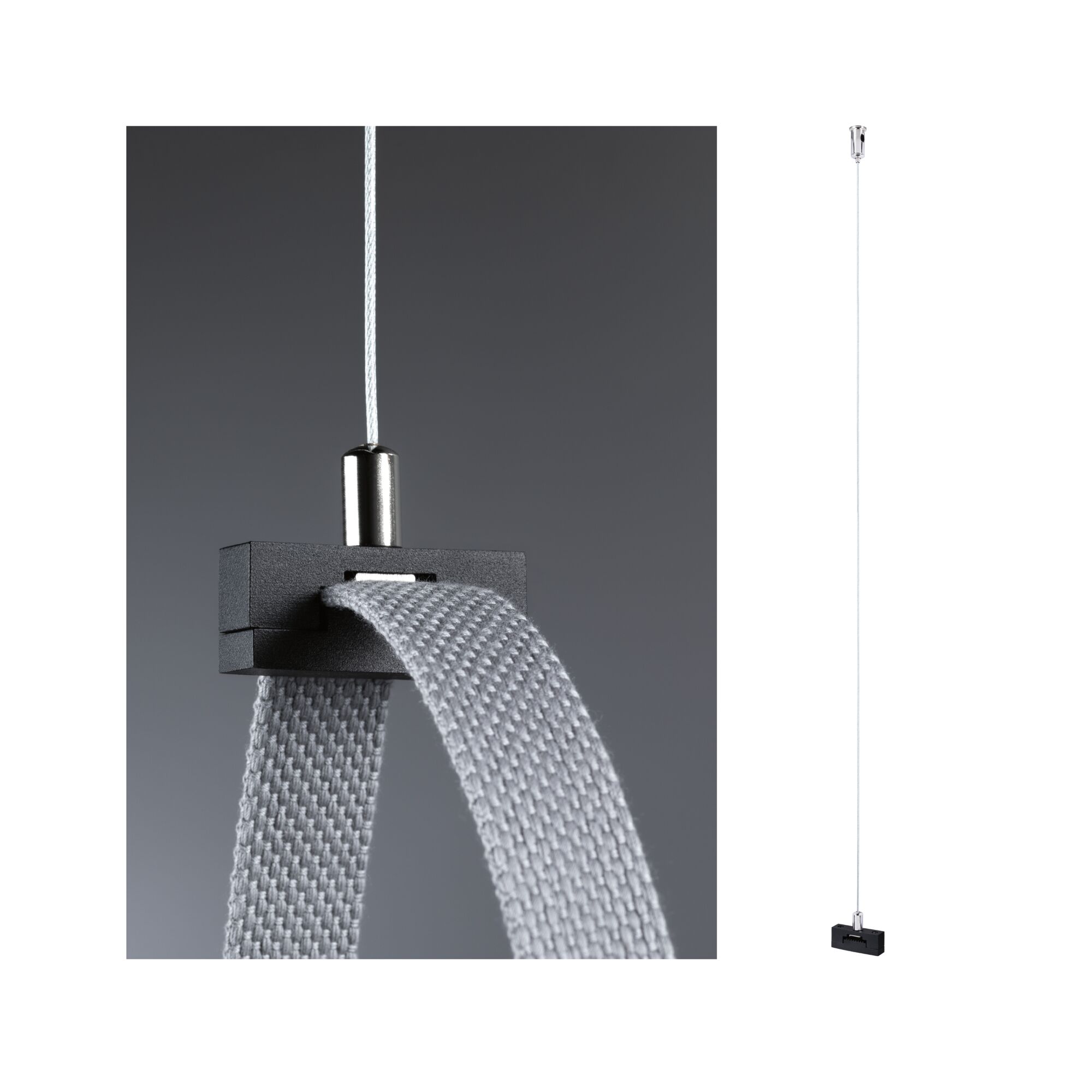 ULine Zubehör Gurt Abhängung 45x21mm Schwarz Verstellbares Seilabhängesystem mit schwarzem Kunststoffhalter und grauem Textilband für LED-Leuchten