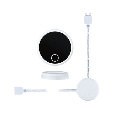 Round white LED control unit with black touch surface and connector cable for light control