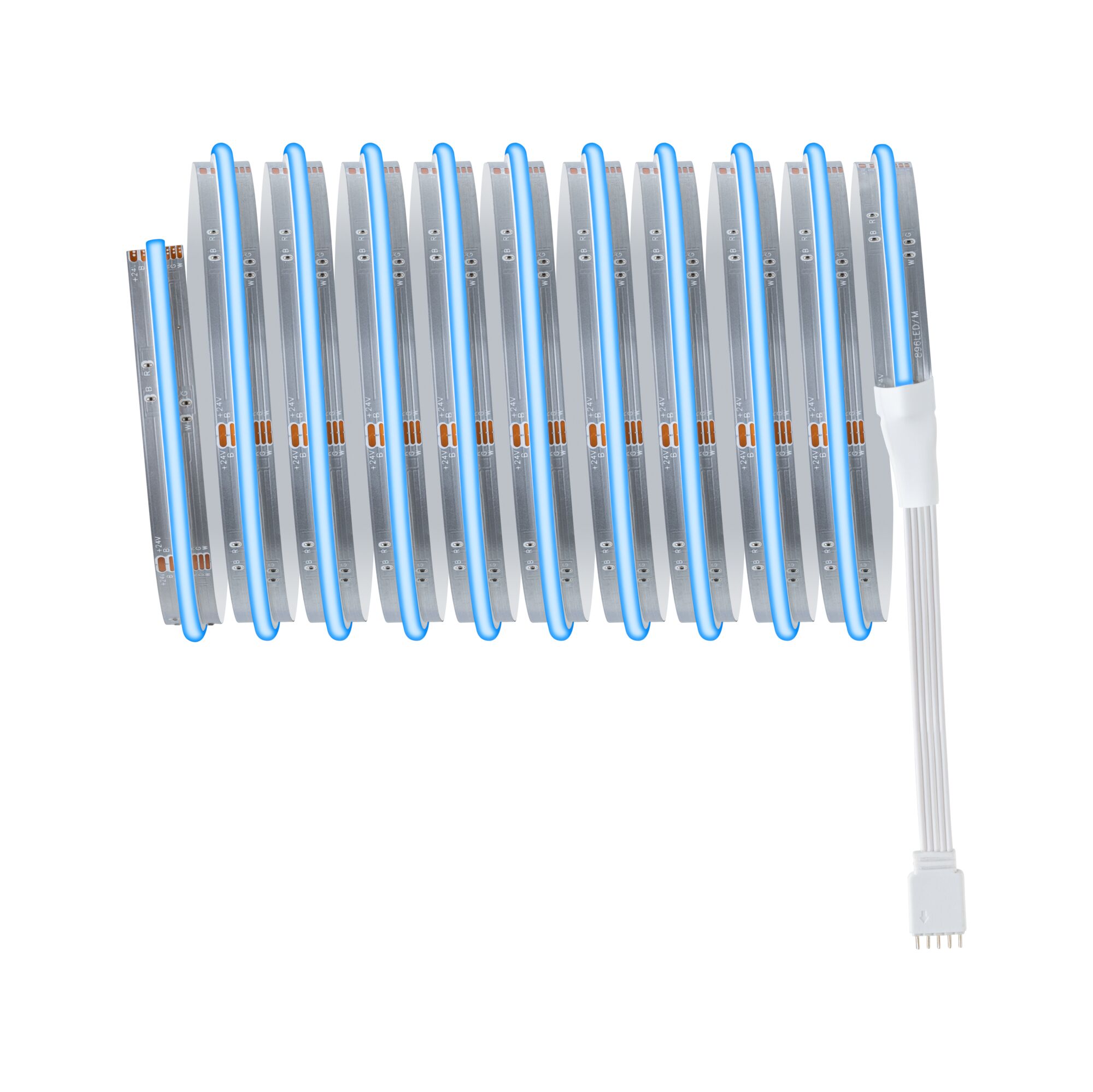 Flexible LED strip light with blue illumination and white connector cable for modern lighting design