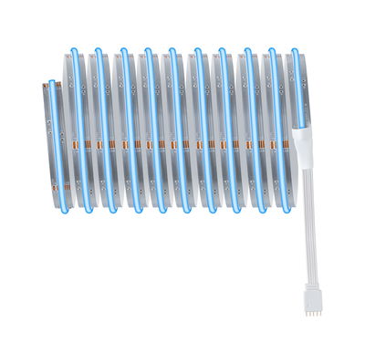 Flexible LED strip light with blue illumination and white connector cable for modern lighting design