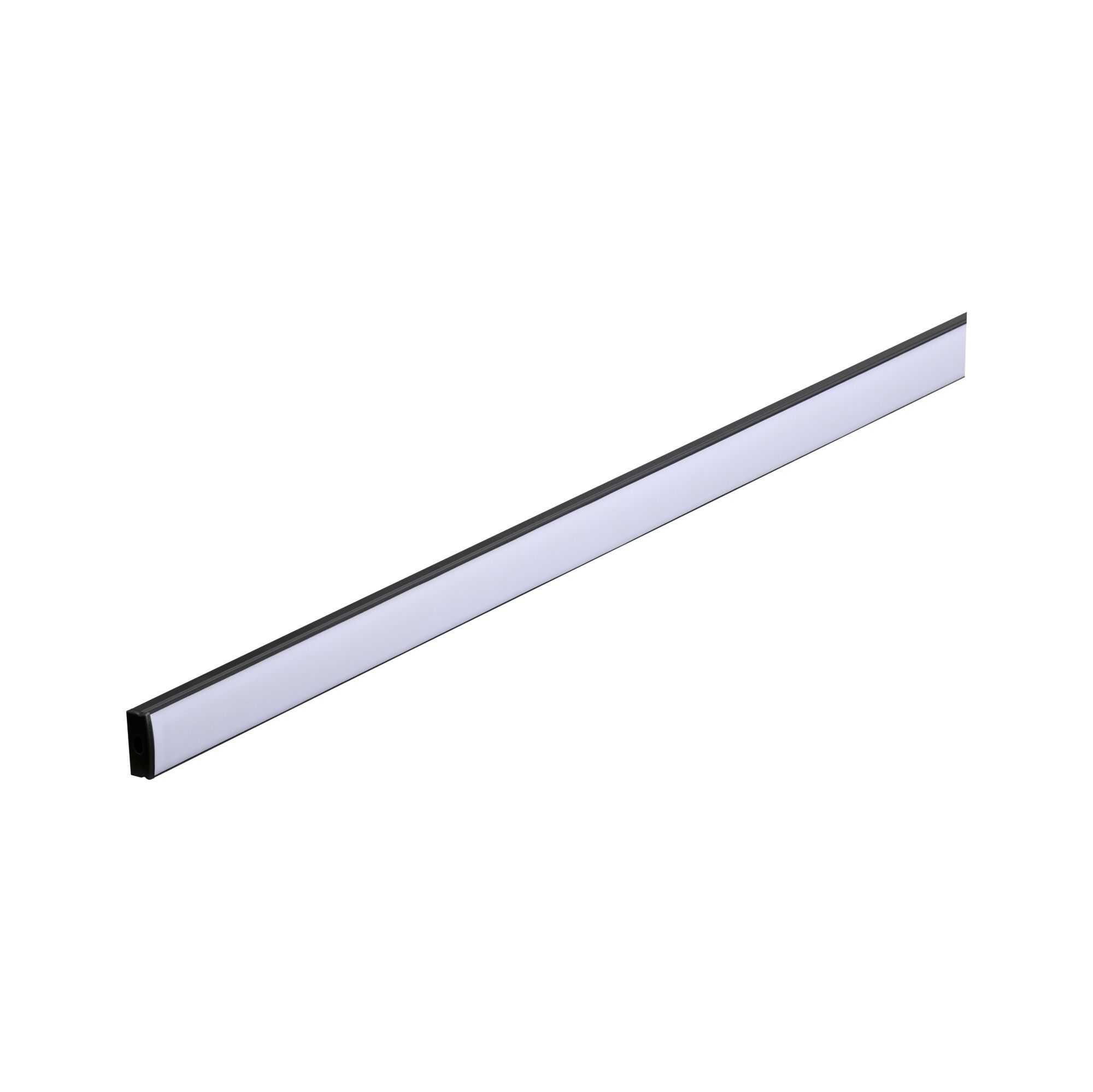 Slim black LED strip with white diffuser for modern indoor lighting and energy-efficient illumination.