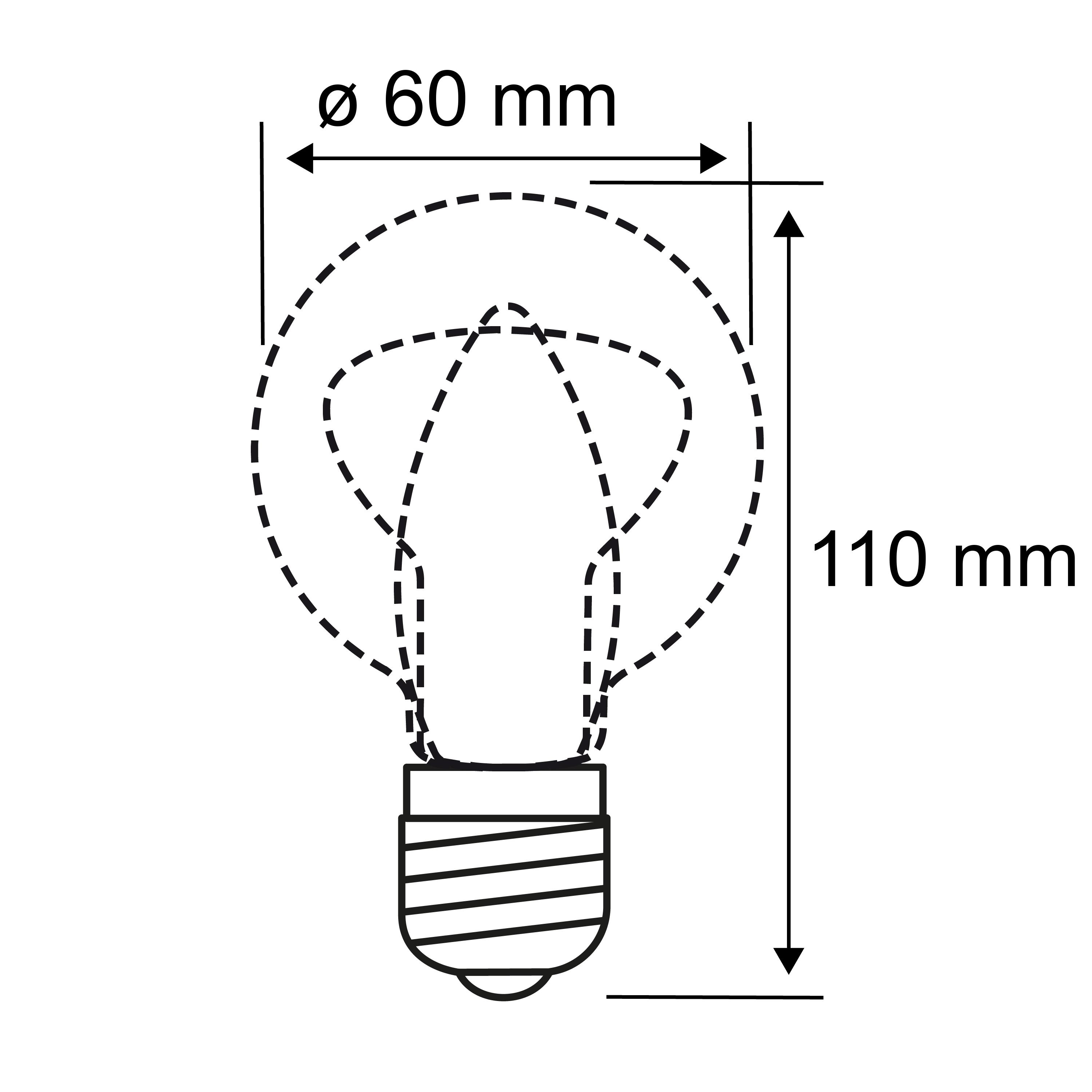 Technische Zeichnung einer Glühbirne mit 60 mm Durchmesser und 110 mm Länge, Beleuchtungskomponente