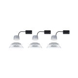 Three white square LED recessed spotlights with black connector cable for modern room lighting