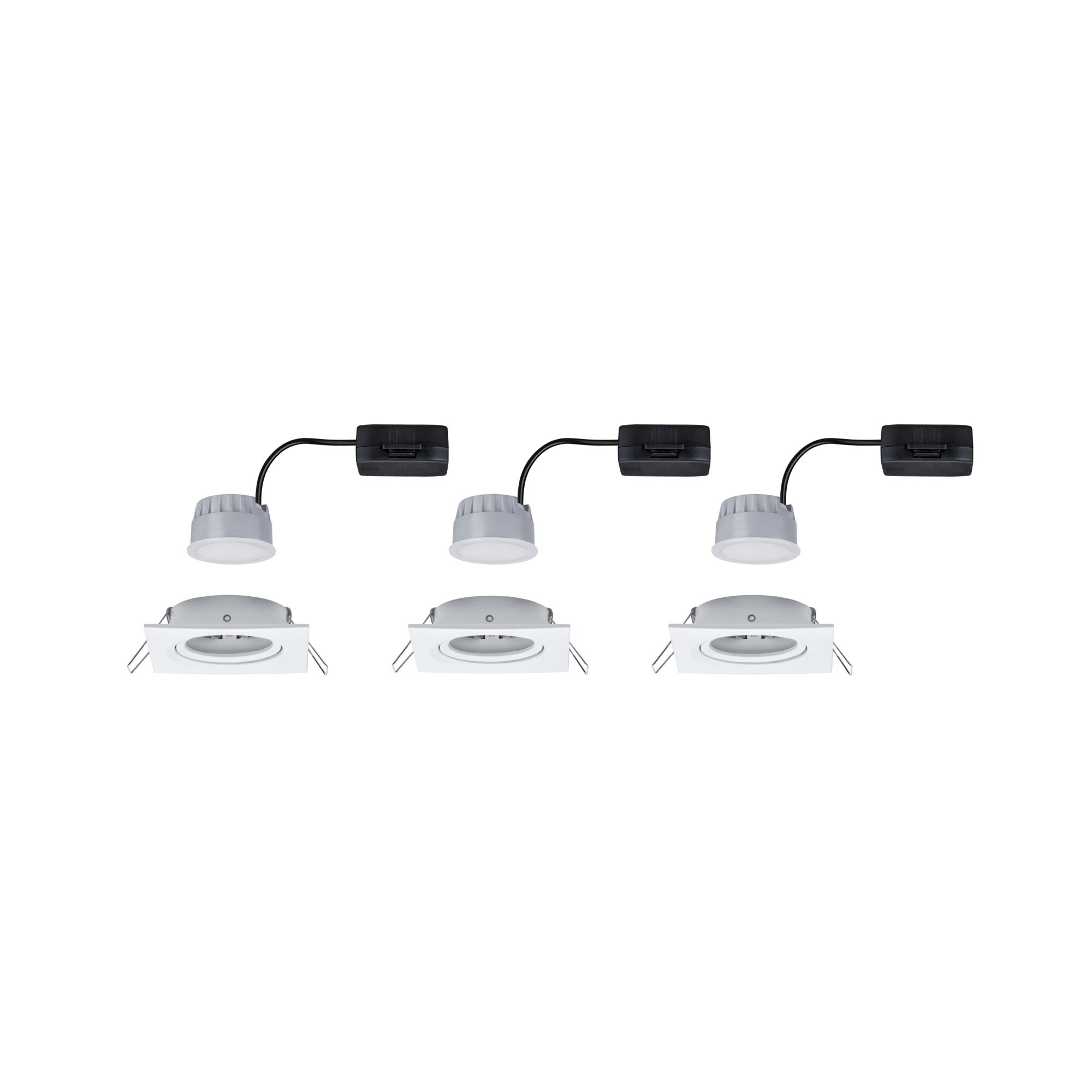Three white square LED recessed spotlights with black connector cable for modern room lighting
