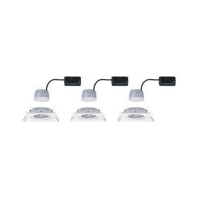 Three white square LED recessed spotlights with black connector cable for modern room lighting