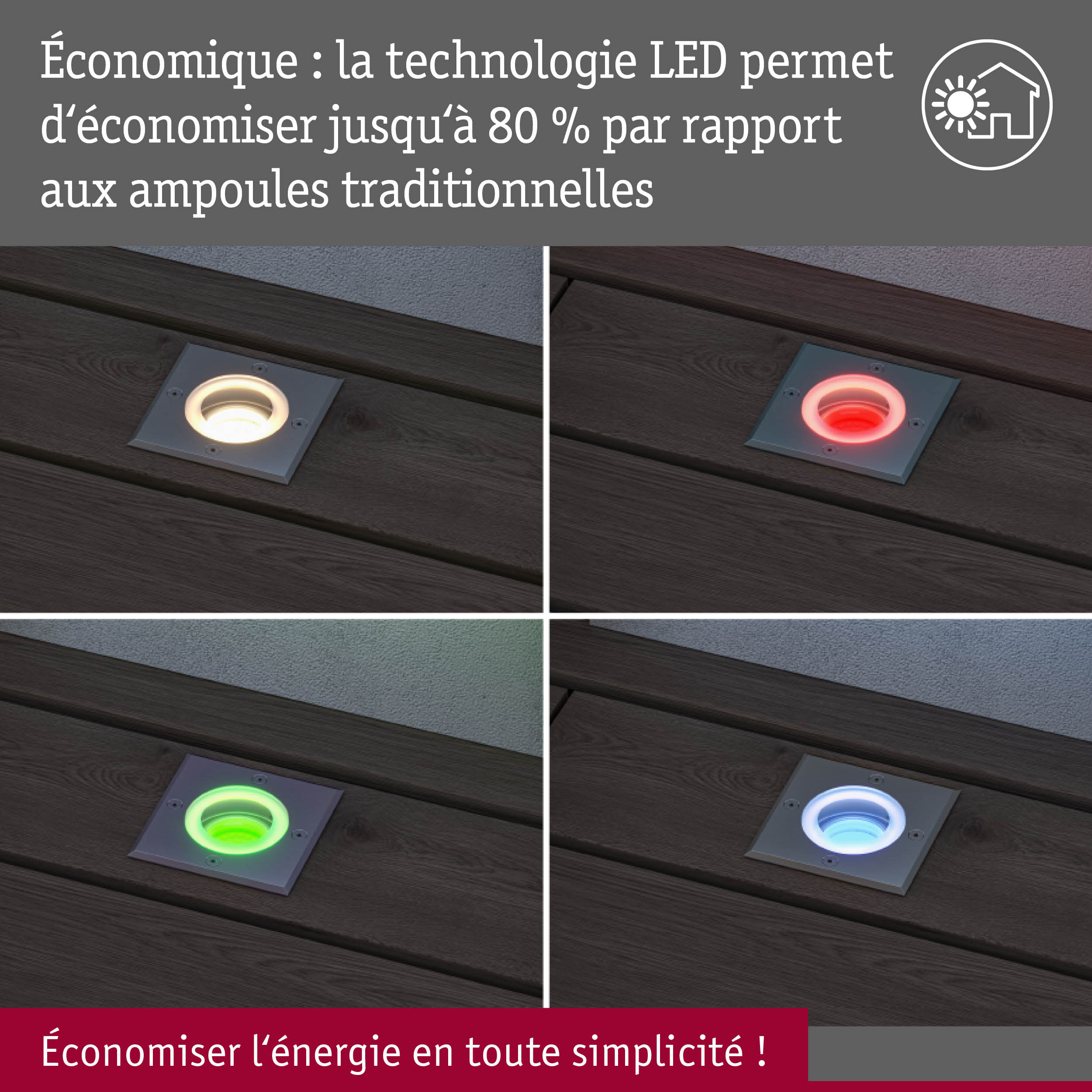 Quatre spots LED carrés en blanc, rouge, vert et bleu sur bois foncé avec message d'économie d'énergie