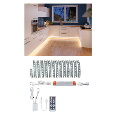 Warm white LED strip light with remote and power supply, perfect for kitchen lighting and ambient illumination.