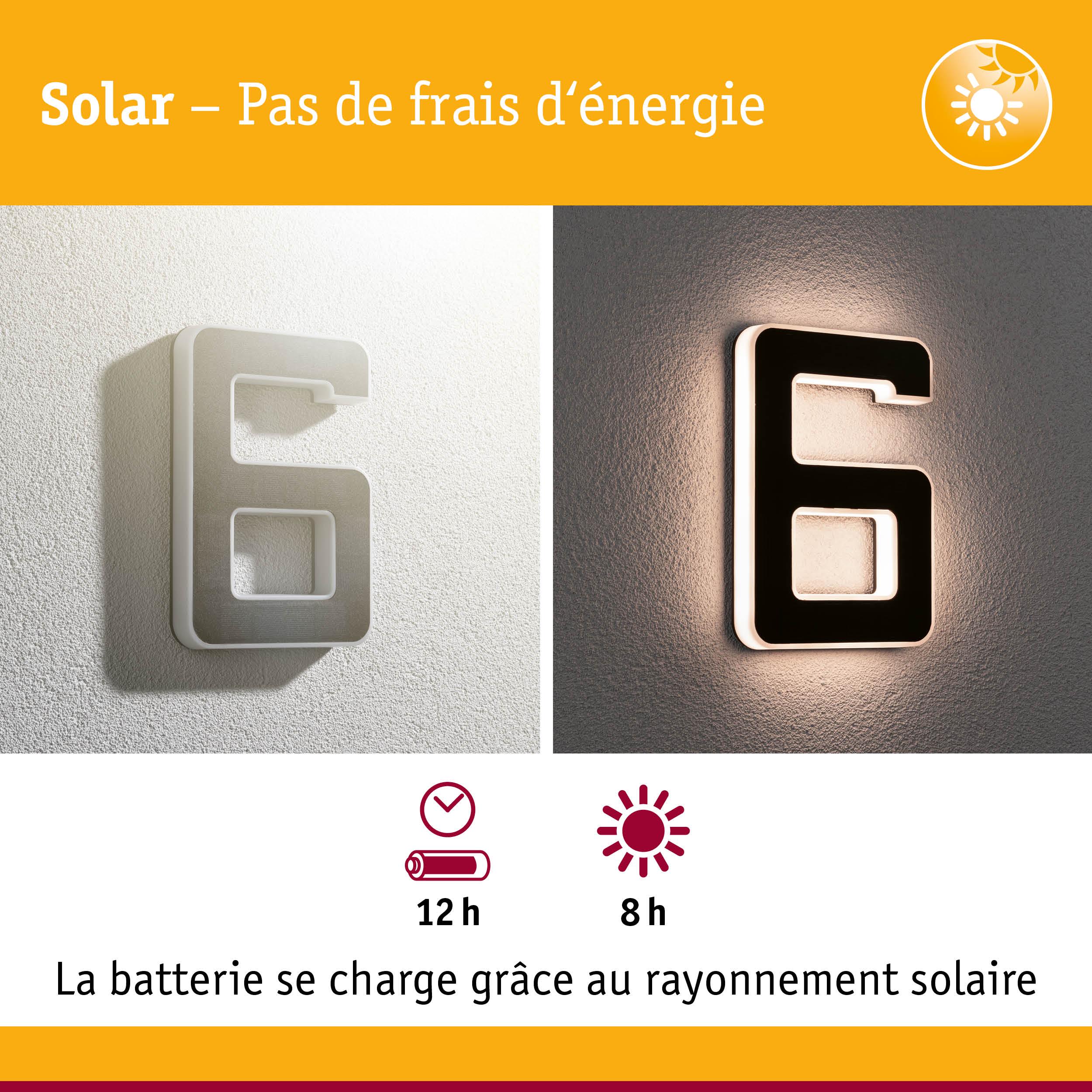 Chiffre 6 solaire en plastique blanc et noir avec éclairage LED et batterie rechargeable