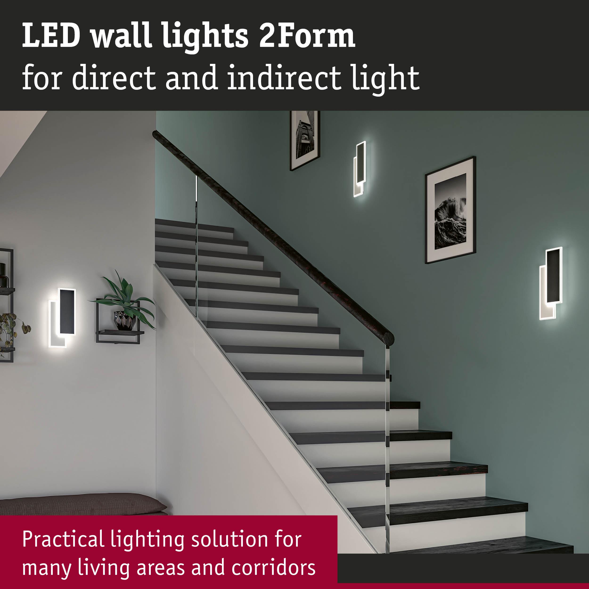 Modern black LED wall lights 2Form with direct and indirect lighting for stairs and corridors