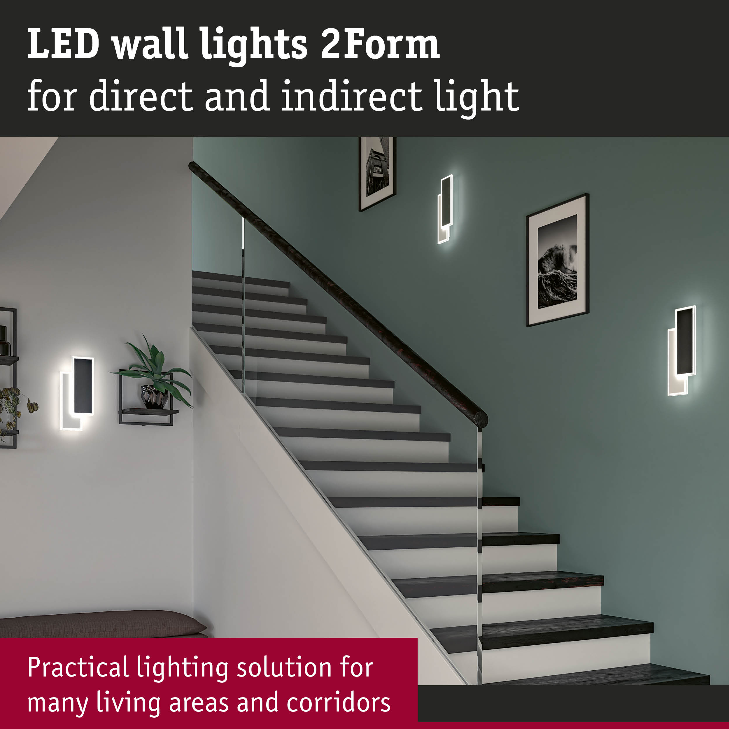 Modern black LED wall lights 2Form with direct and indirect lighting for stairs and corridors