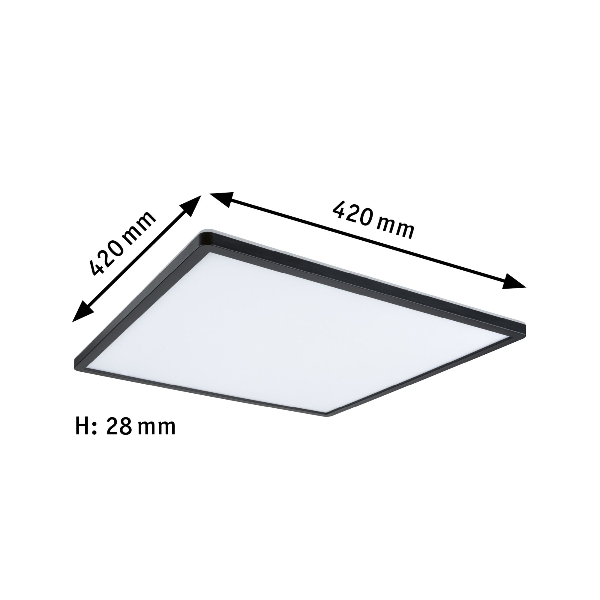 Quadratische LED-Deckenleuchte mit schwarzem Rahmen und weißem Diffusor, Maße 420x420 mm
