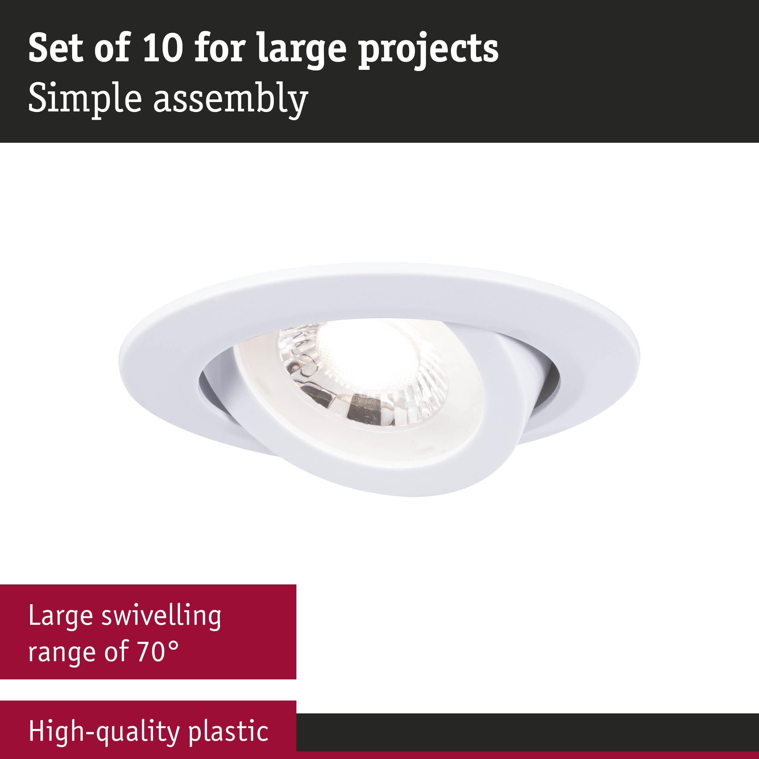 White recessed spotlight made of high-quality plastic with 70° swivel range for large projects