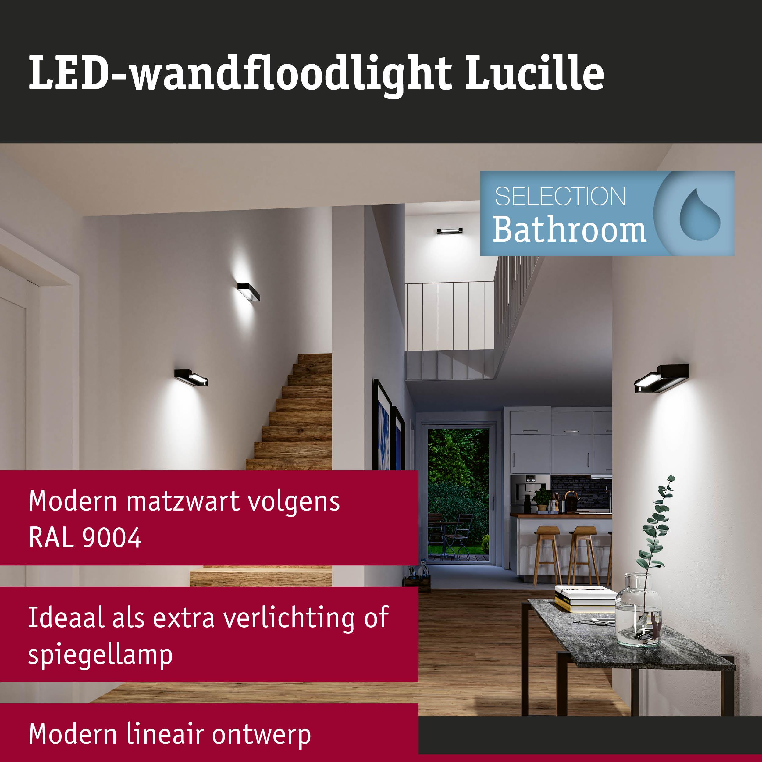 Moderne matzwarte LED-wandfloodlight Lucille RAL 9004 met lineair ontwerp, ideaal voor badkamerverlichting