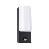 Black outdoor wall light with white plastic shade and motion sensor for garden lighting