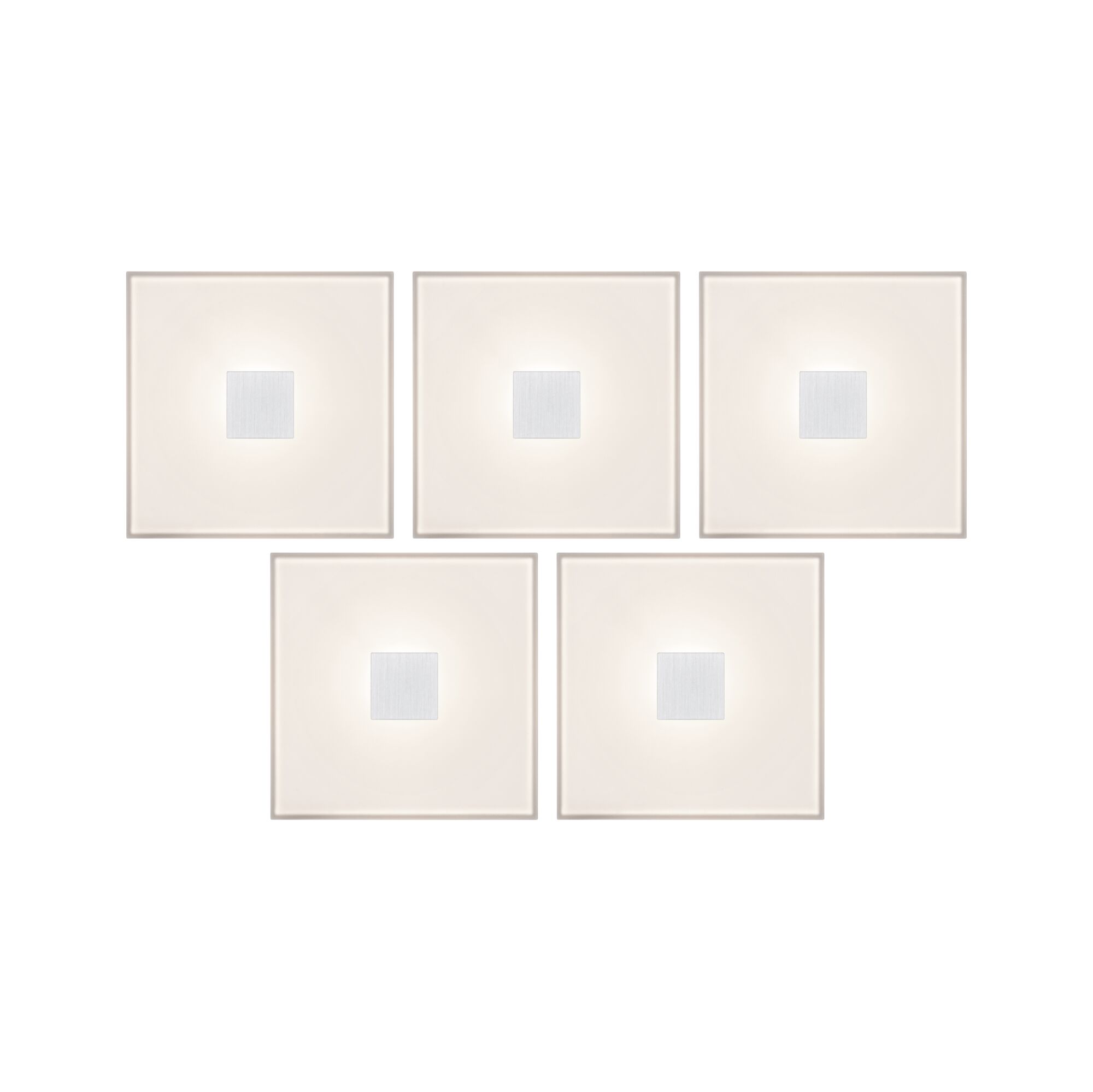 Five square white LED wall lights with central aluminum detail for modern indoor lighting