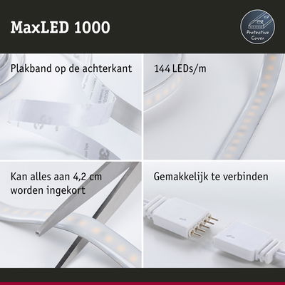 MaxLED 1000 LED-strip met plakband, 144 LEDs per meter, in te korten tot 4,2 cm, eenvoudig te verbinden