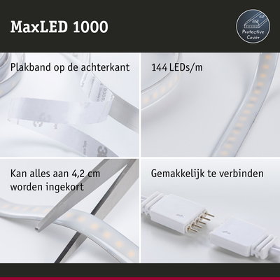 MaxLED 1000 LED-strip met plakband, 144 LEDs per meter, in te korten tot 4,2 cm, eenvoudig te verbinden