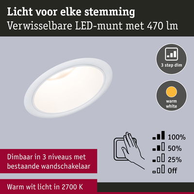 Witte LED-inbouwspot met warm wit licht 2700K en 3-standen dimmen via bestaande wandschakelaar
