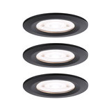 Drei runde LED-Einbaustrahler in mattschwarz mit warmweißem Licht für moderne Innenbeleuchtung