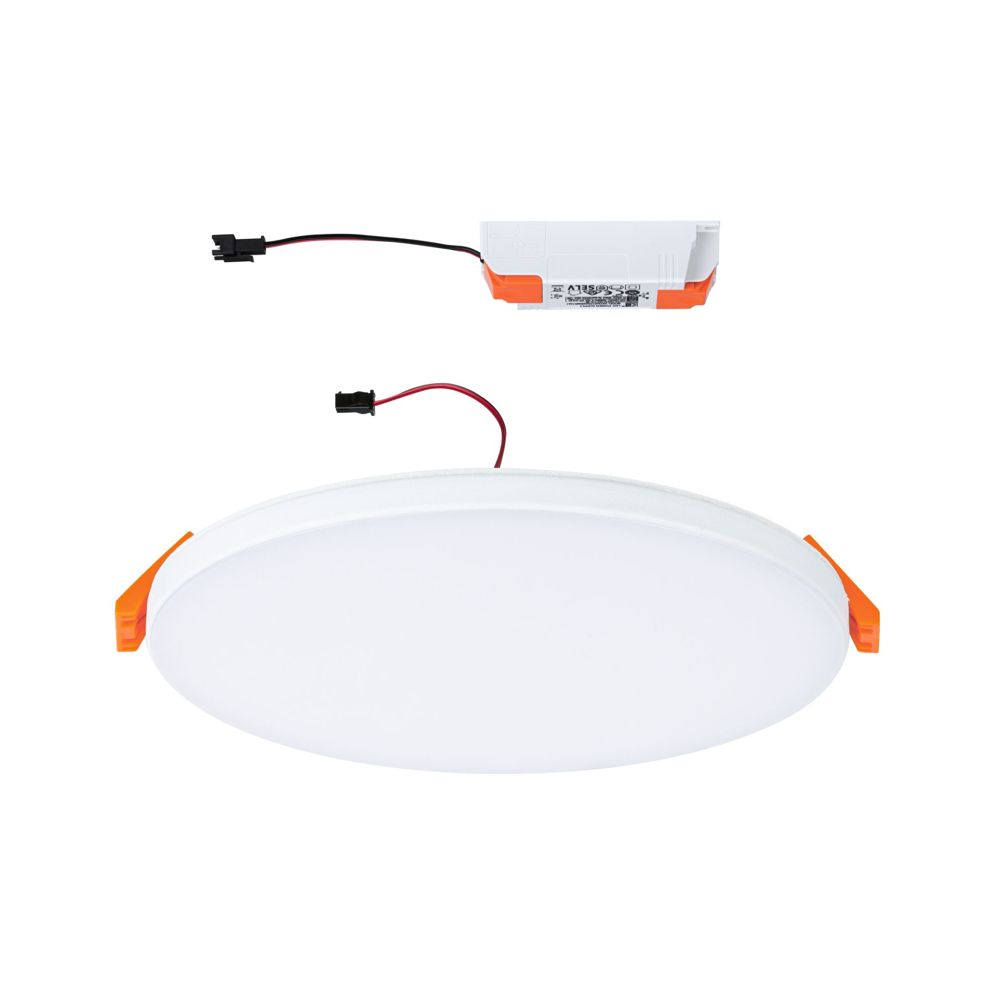 Round white LED recessed panel with orange clips and separate driver for energy-efficient lighting