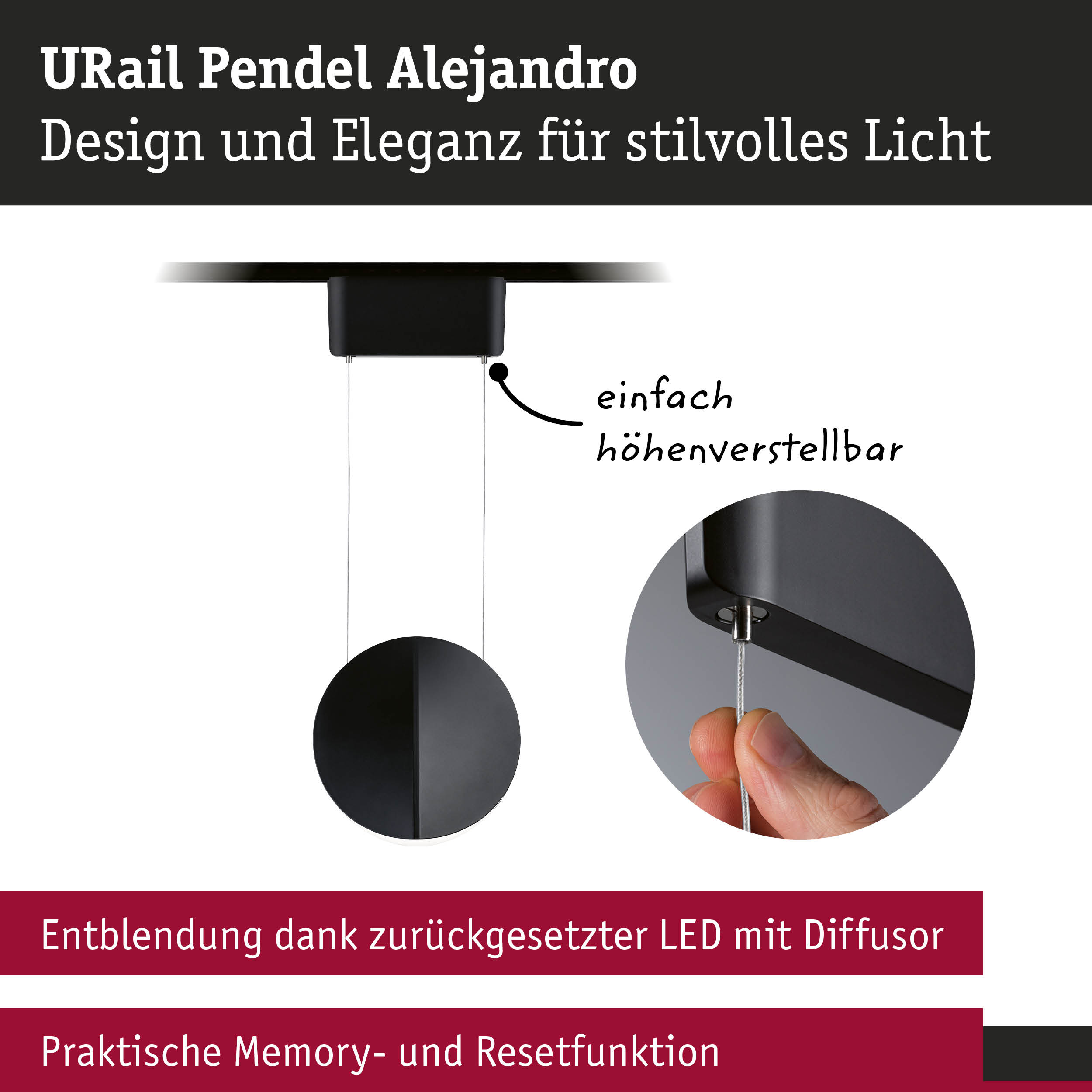 Schwarze URail Pendel Alejandro LED-Hängeleuchte mit höhenverstellbarem Design für stilvolles Licht