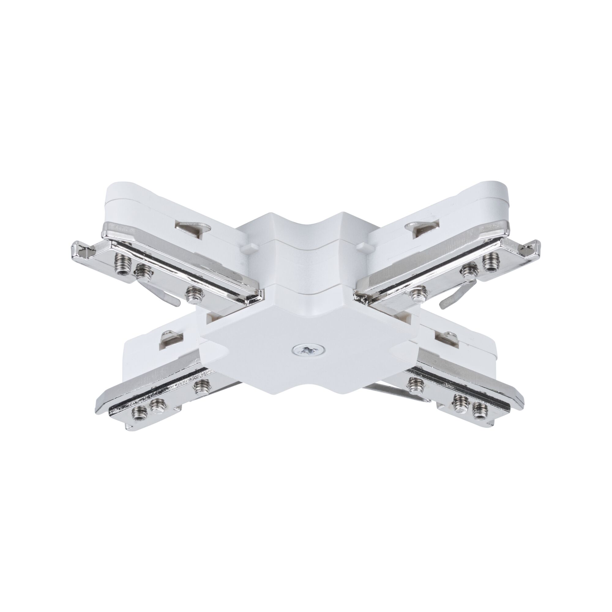 White plastic X-connector with chrome metal parts for track lighting systems, lighting accessory