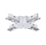 White plastic X-connector with chrome metal parts for track lighting systems, lighting accessory