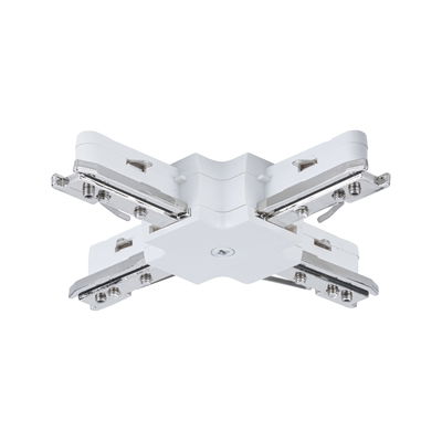 White plastic X-connector with chrome metal parts for track lighting systems, lighting accessory
