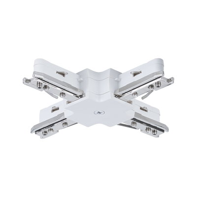 Connecteur en X en plastique blanc avec pièces métalliques chromées pour systèmes d'éclairage sur rail