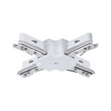 White plastic X-connector with chrome metal parts for track lighting systems, lighting accessory