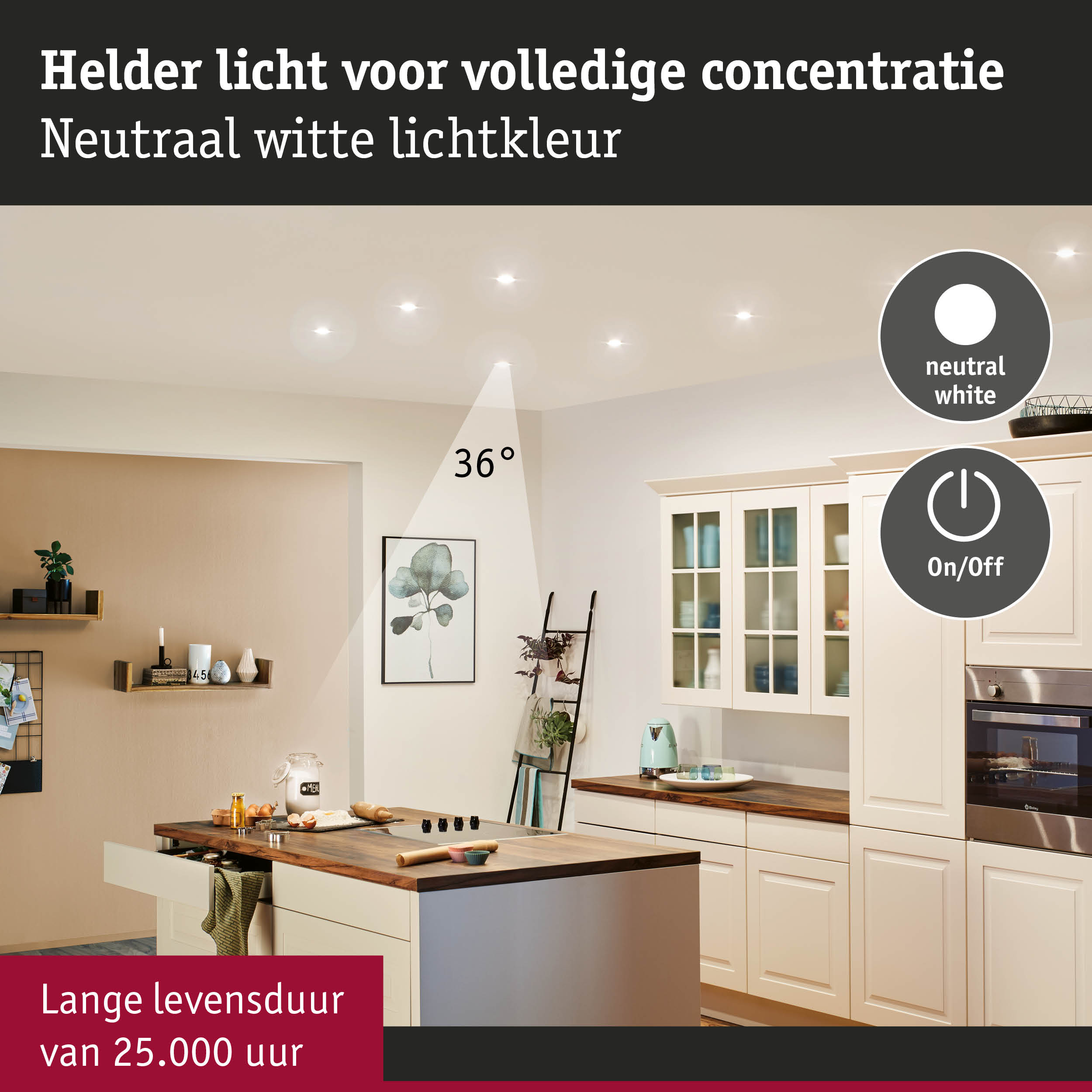 Moderne keuken met neutraal wit LED-plafondlicht voor optimale concentratie en lange levensduur