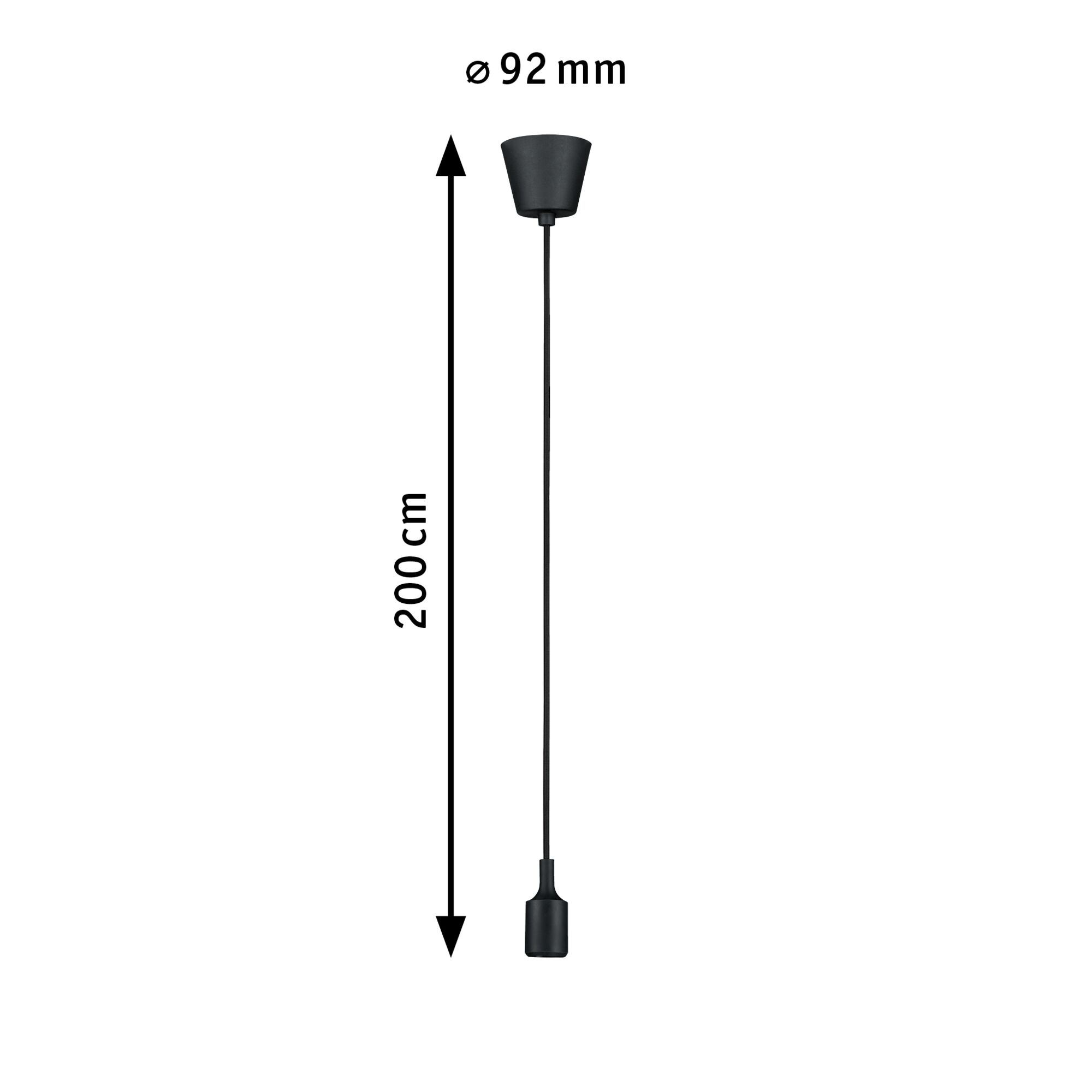 Zwarte kunststof pendelkabel van 200 cm met 92 mm plafondbevestiging voor lampmontage