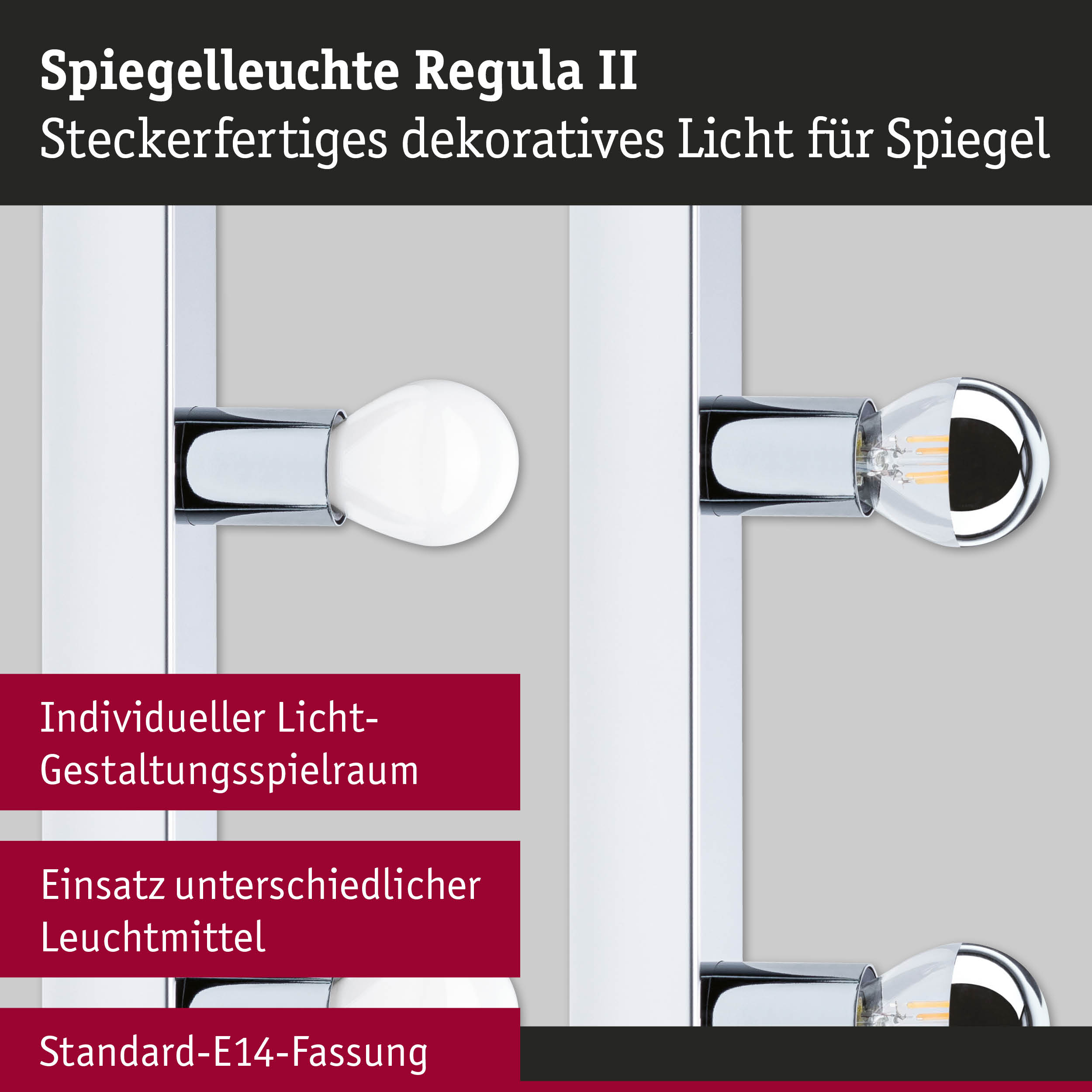Spiegelleuchte Regula II mit Chromrahmen und E14-Fassung für dekorative Badbeleuchtung
